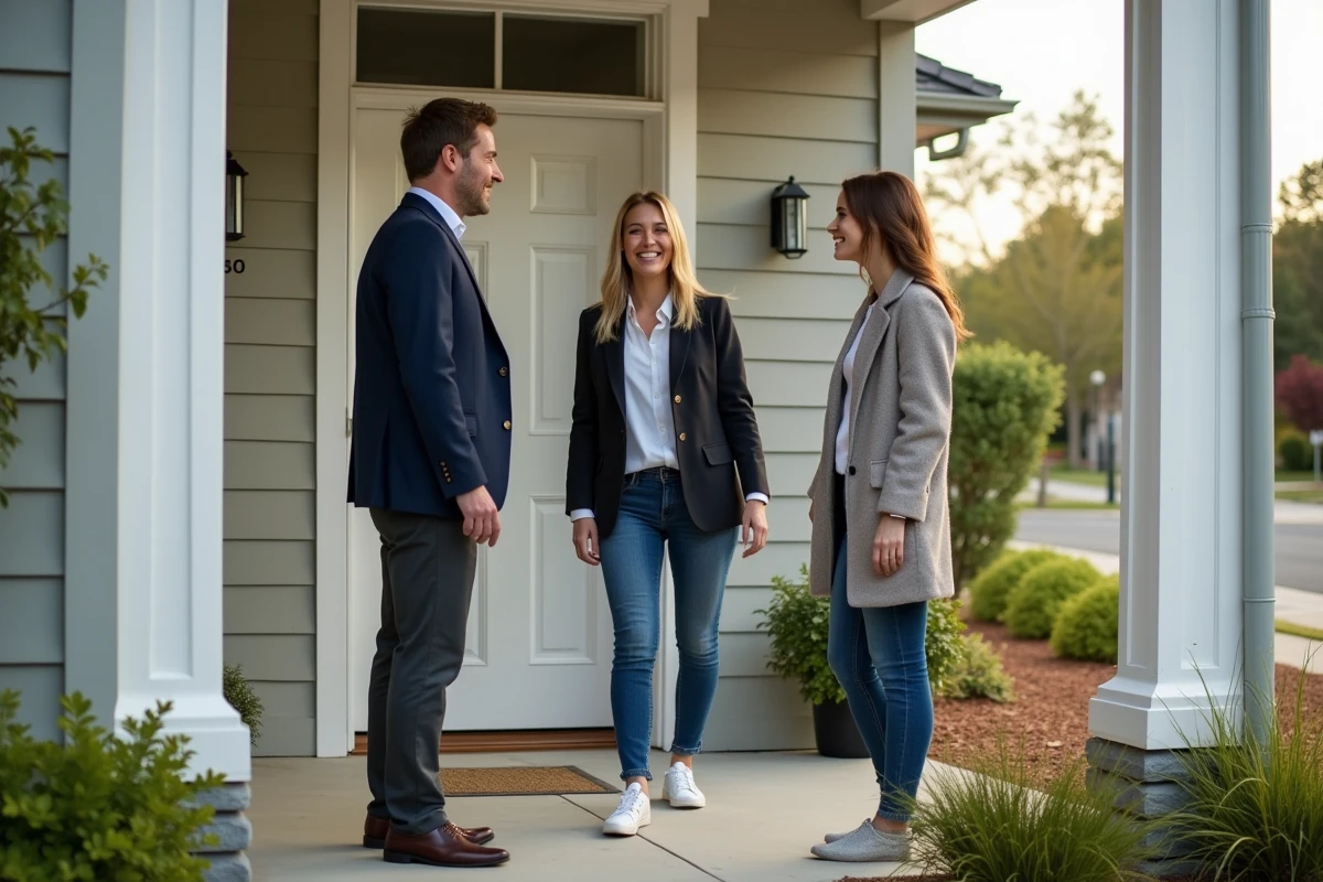 Agent immobilier accueillant un couple devant une maison