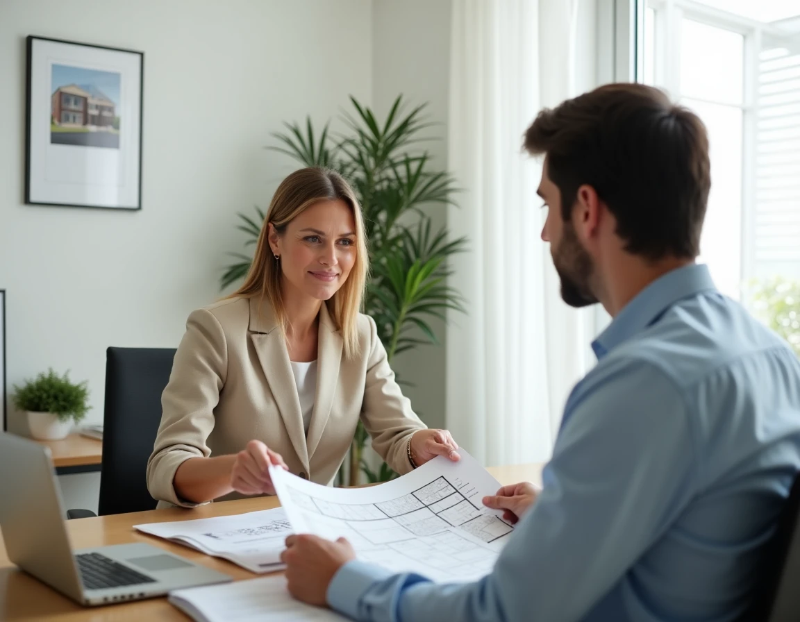 Agent immobilière présentant un plan de bien à un client dans une agence immobilière moderne et minimaliste