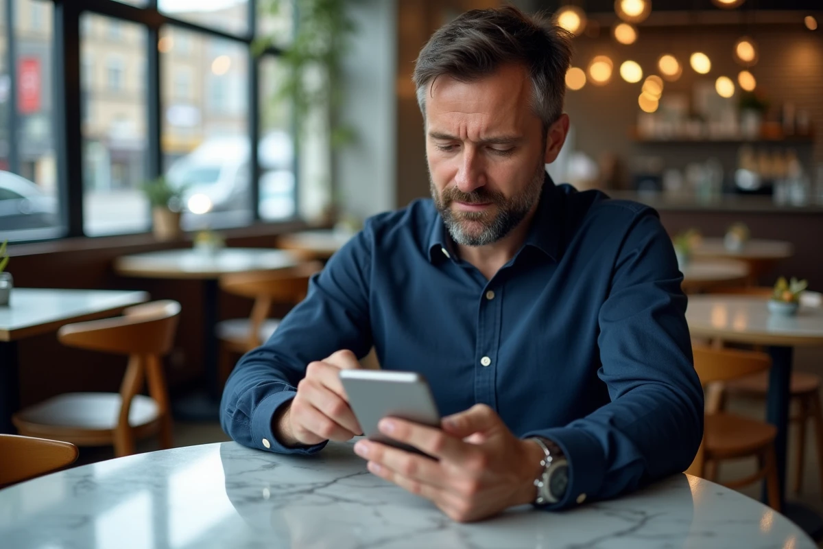 Homme ajoutant un bénéficiaire sur l'application mobile LCL depuis un café en ville