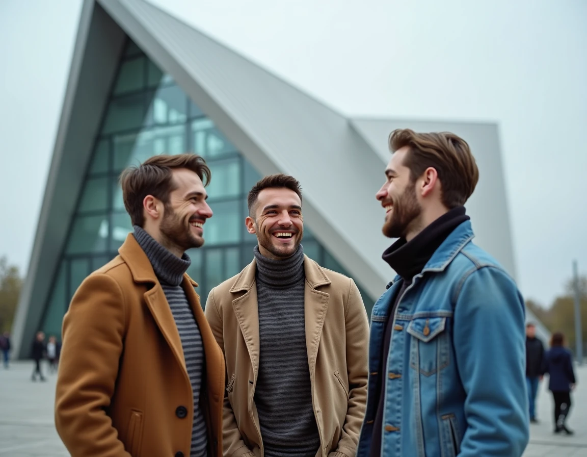 Groupe d'amis souriants devant l'architecture contemporaine du Musée des Confluences à Lyon par temps nuageux