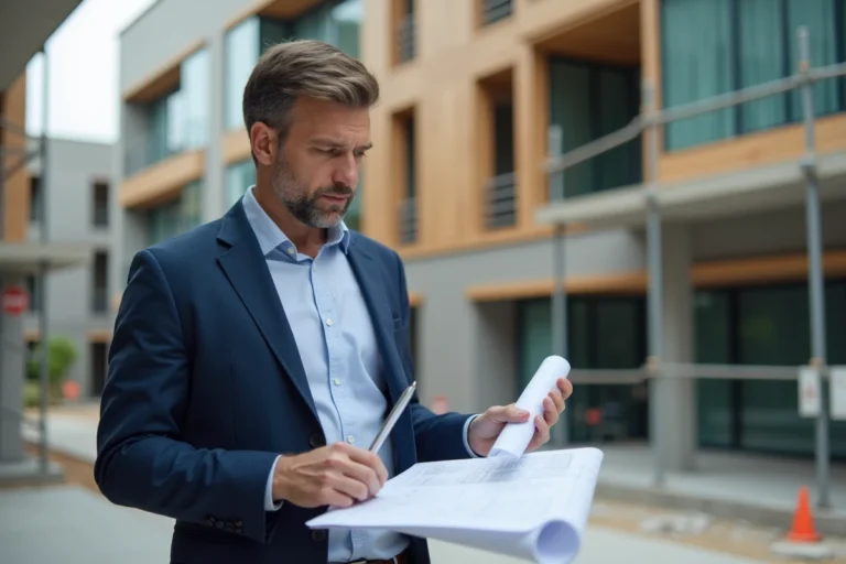 Architecte homme en extérieur examine un plan de construction