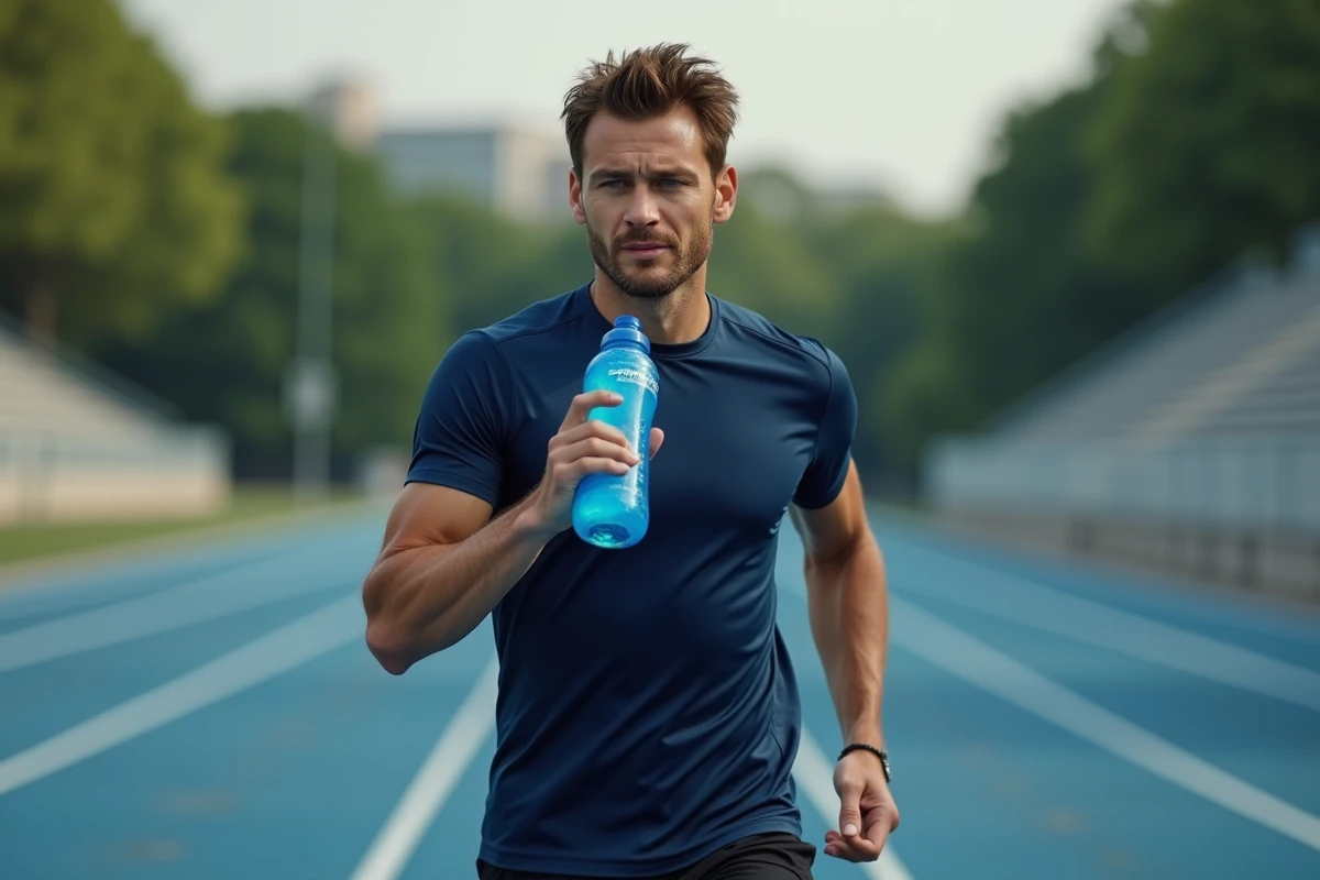 Athlète masculin buvant une bouteille de Powerade bleu lors d'un entraînement sur piste, illustrant la consommation quotidienne de boissons sportives