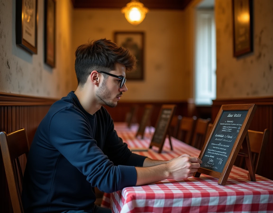 Jeune homme consultant le menu d'un bouchon lyonnais traditionnel avec décoration authentique et ambiance chaleureuse