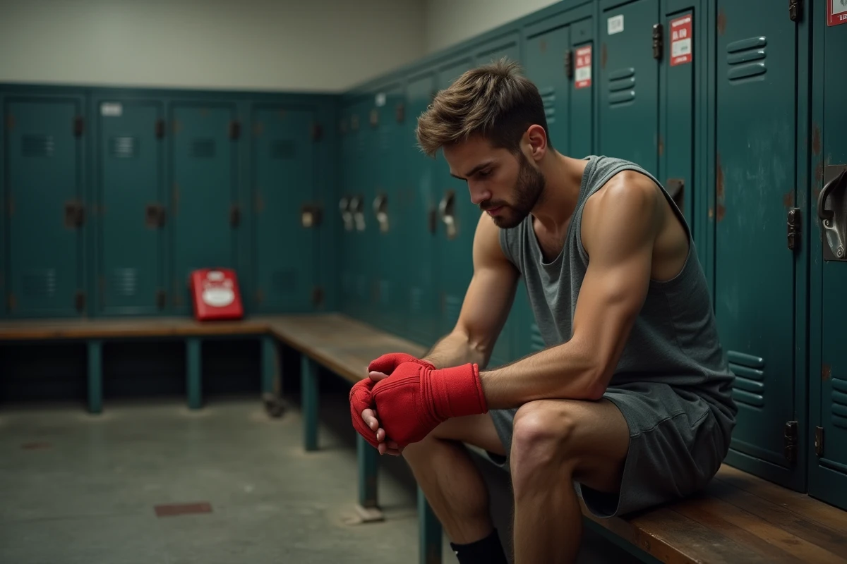 Boxeur assis seul dans un vestiaire après un combat, illustrant la fatigue cérébrale et les conséquences physiques d'un KO