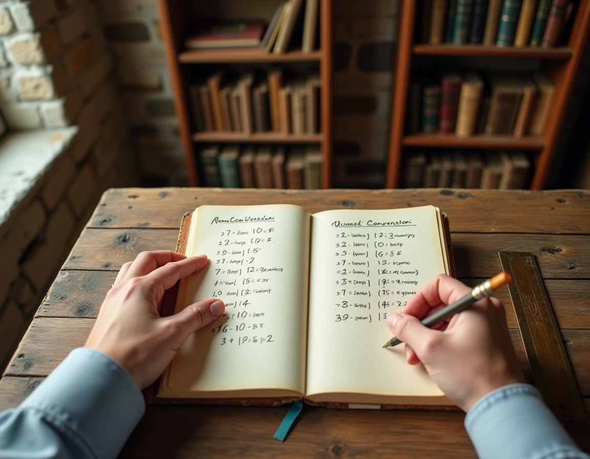Mains d'un homme calculant des conversions d'hectares en mètres carrés dans un carnet manuscrit sur un bureau en bois rustique