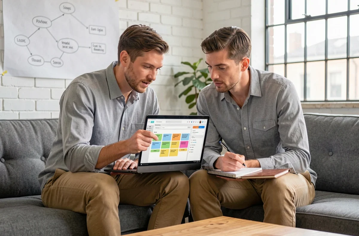 Deux collègues masculins collaborant sur une interface kanban de gestion de projet dans un bureau de startup
