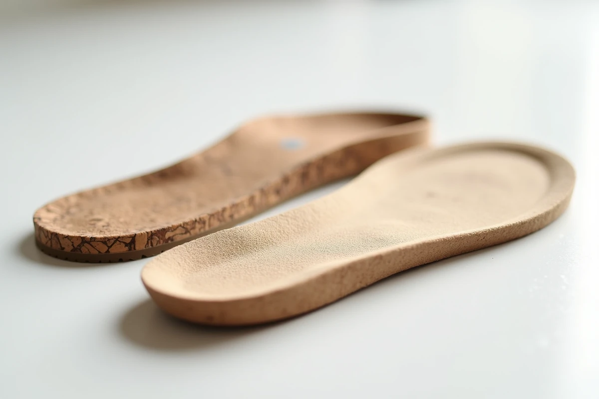Comparaison en gros plan des semelles intérieures anatomiques d'une sandale Birkenstock en liège et d'une semelle Scholl ergonomique sur fond blanc