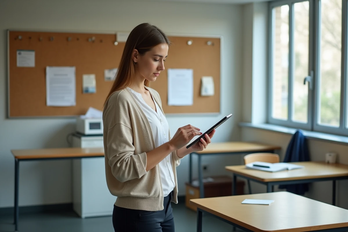 Professeure consultant sa messagerie académique de la Nièvre sur une tablette dans une salle des professeurs