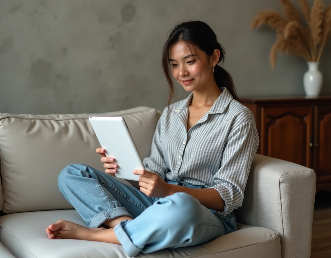 Femme consultant les pages du site Autour de Chloé sur une tablette blanche dans un salon décoré avec soin