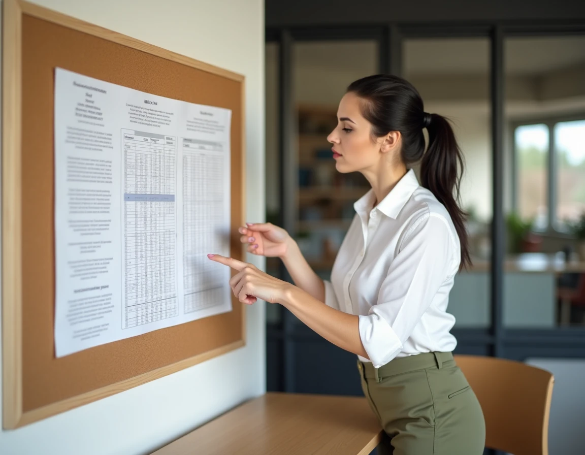 Conseillère immobilière expliquant un tableau de conversion hectare are centiare mètres carrés dans une agence immobilière