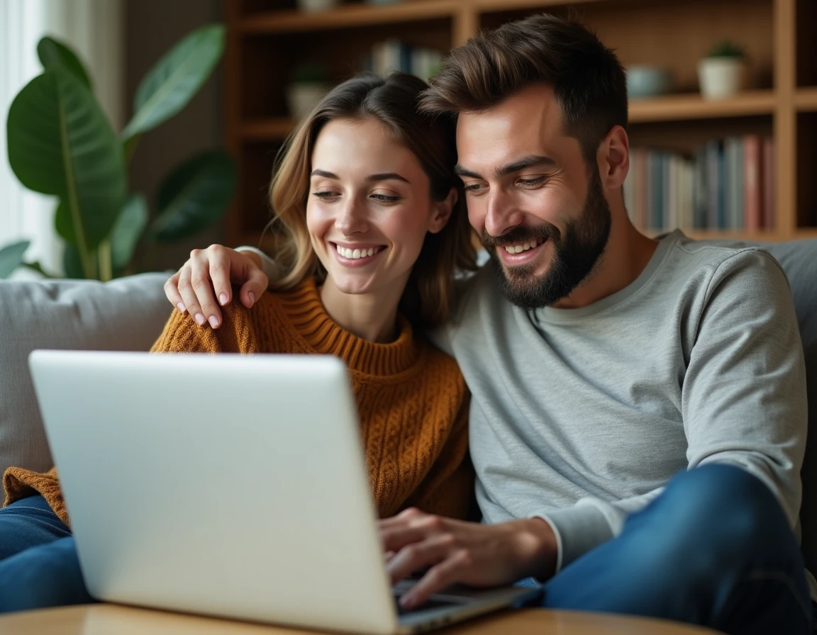 Couple naviguant ensemble sur le plan du site d'une maison depuis leur salon