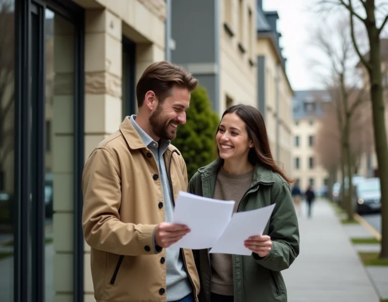 Couple de trentenaires examinant des documents immobiliers devant un immeuble résidentiel moderne en ville