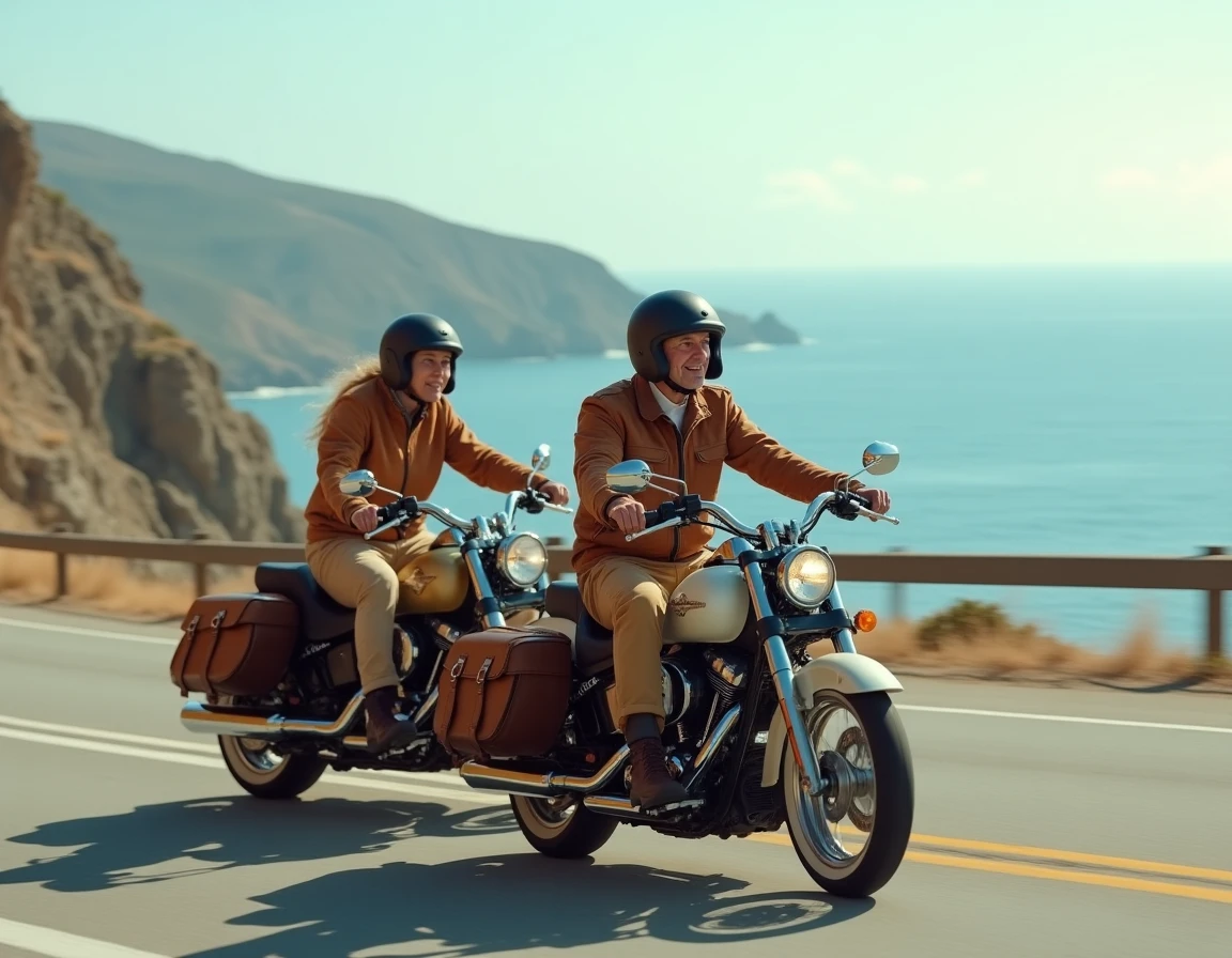 Couple de retraités dans la soixantaine roulant en moto cruiser sur une route côtière panoramique au bord de la mer