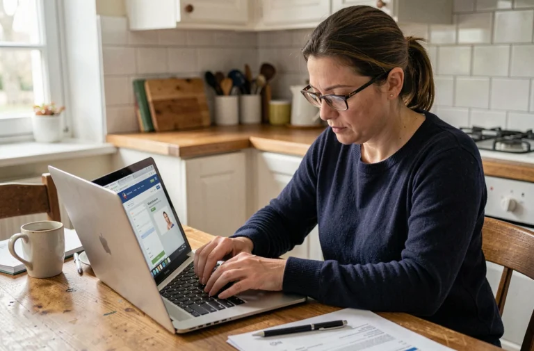 Femme remplissant une demande de CMU en ligne sur son ordinateur portable dans une cuisine