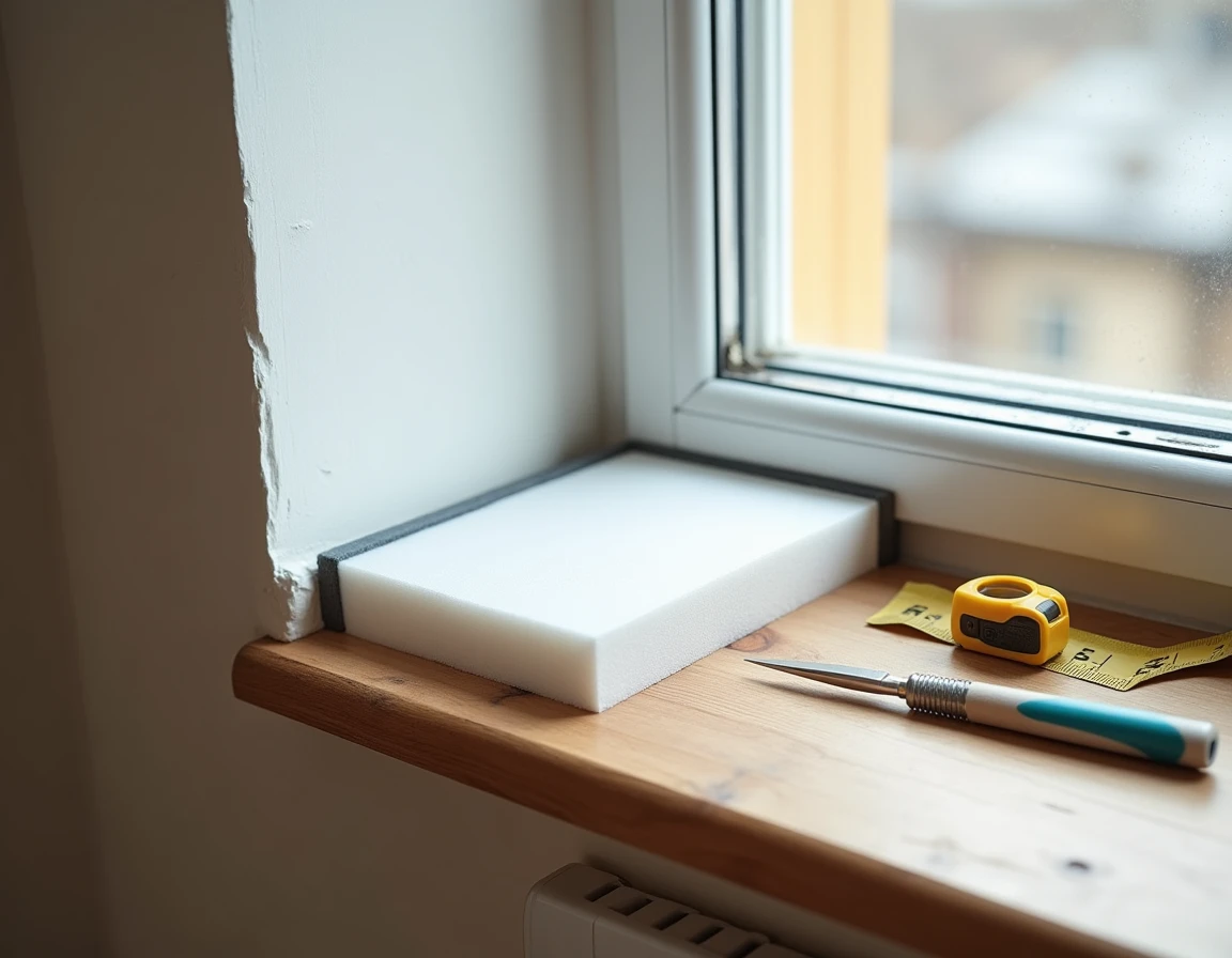 Gros plan sur la pose d'un joint mousse et d'un panneau isolant en polycarbonate sur un rebord de fenêtre pour bloquer la chaleur estivale