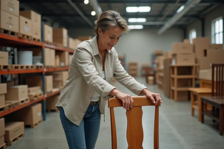 Femme examinant une chaise en bois dans un centre de dons de meubles gratuits