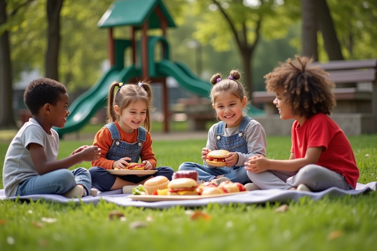 Enfants partageant un pique-nique dans un parc ensoleille