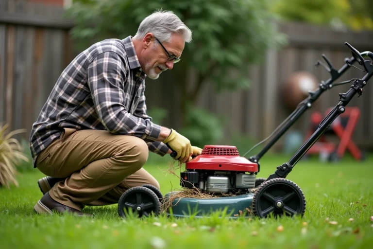 Homme d'âge moyen nettoyant sa tondeuse dans le jardin