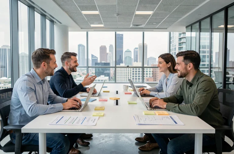 Équipe de professionnels collaborant autour d'une table de réunion moderne avec laptops et plannings de projet