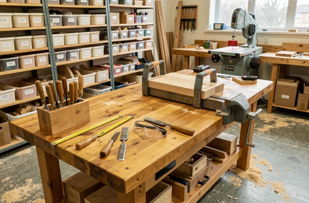 Établi de menuisier professionnel bien organisé avec outils et rangements dans un atelier artisanal