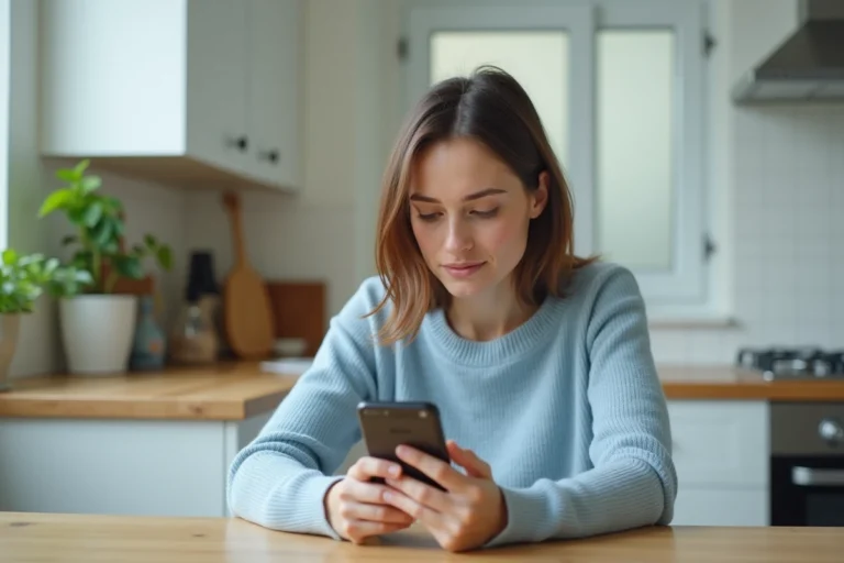 Femme consultant son smartphone pour activer une alerte de disponibilité sur Doctolib dans une cuisine moderne