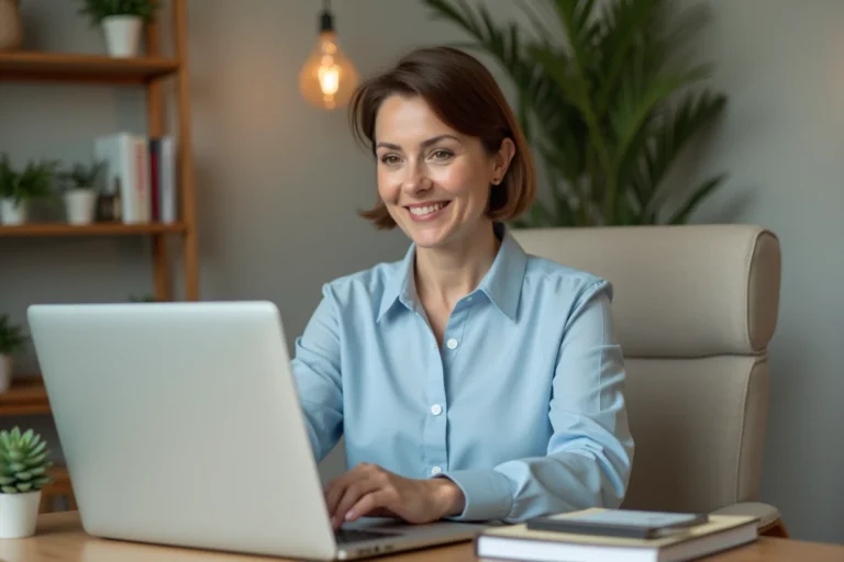 Femme d'âge moyen utilisant son ordinateur pour la banque à domicile