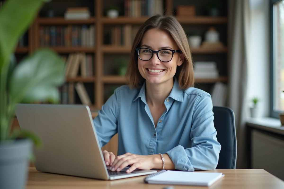 Femme au bureau avec ordinateur portable et sourire naturel