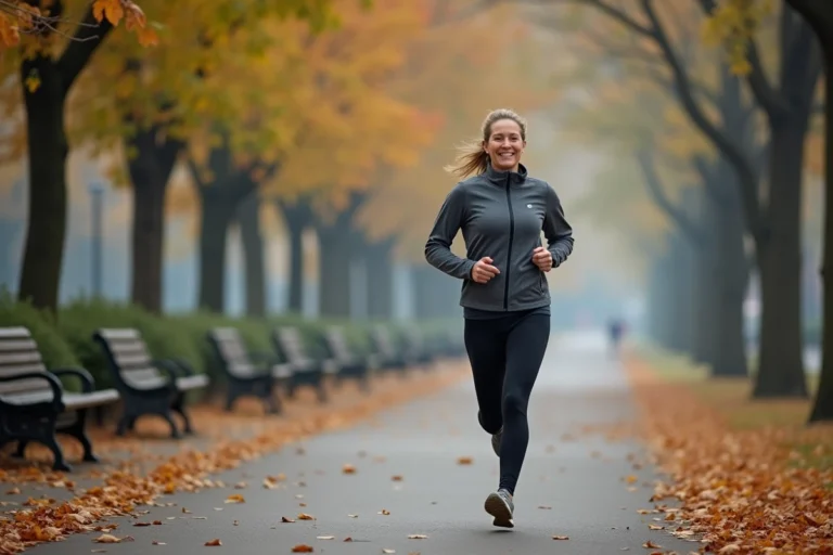 Femme sportive courant dans un parc urbain en automne