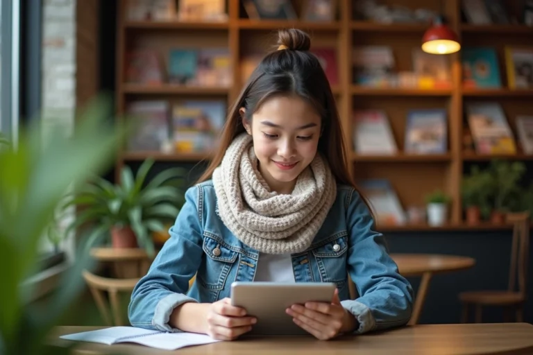 Jeune femme lisant sur tablette dans un café cosy