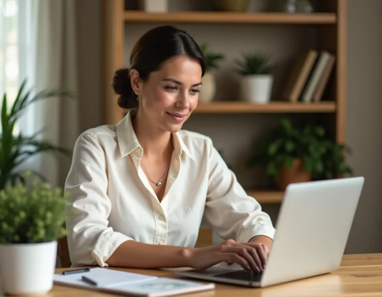 Femme naviguant sur le plan du site d'une maison de décoration depuis son bureau à domicile
