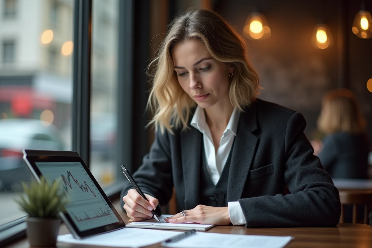 Femme en café prend des notes avec graphique financier