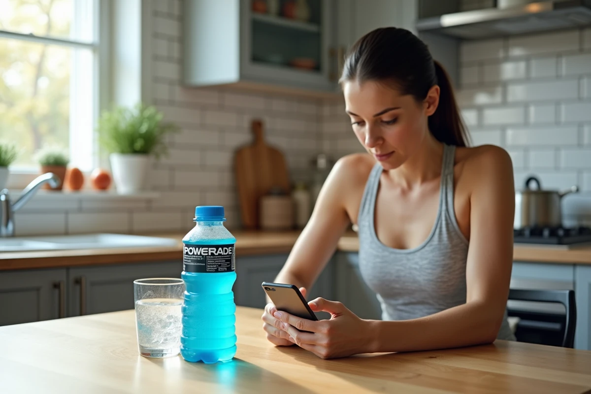 Femme consultant les informations nutritionnelles de sa boisson Powerade dans une cuisine moderne, représentant une consommation consciente de boissons énergisantes