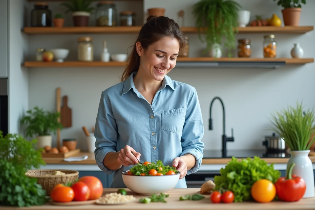 Jeune femme en cuisine préparant une salade colorée