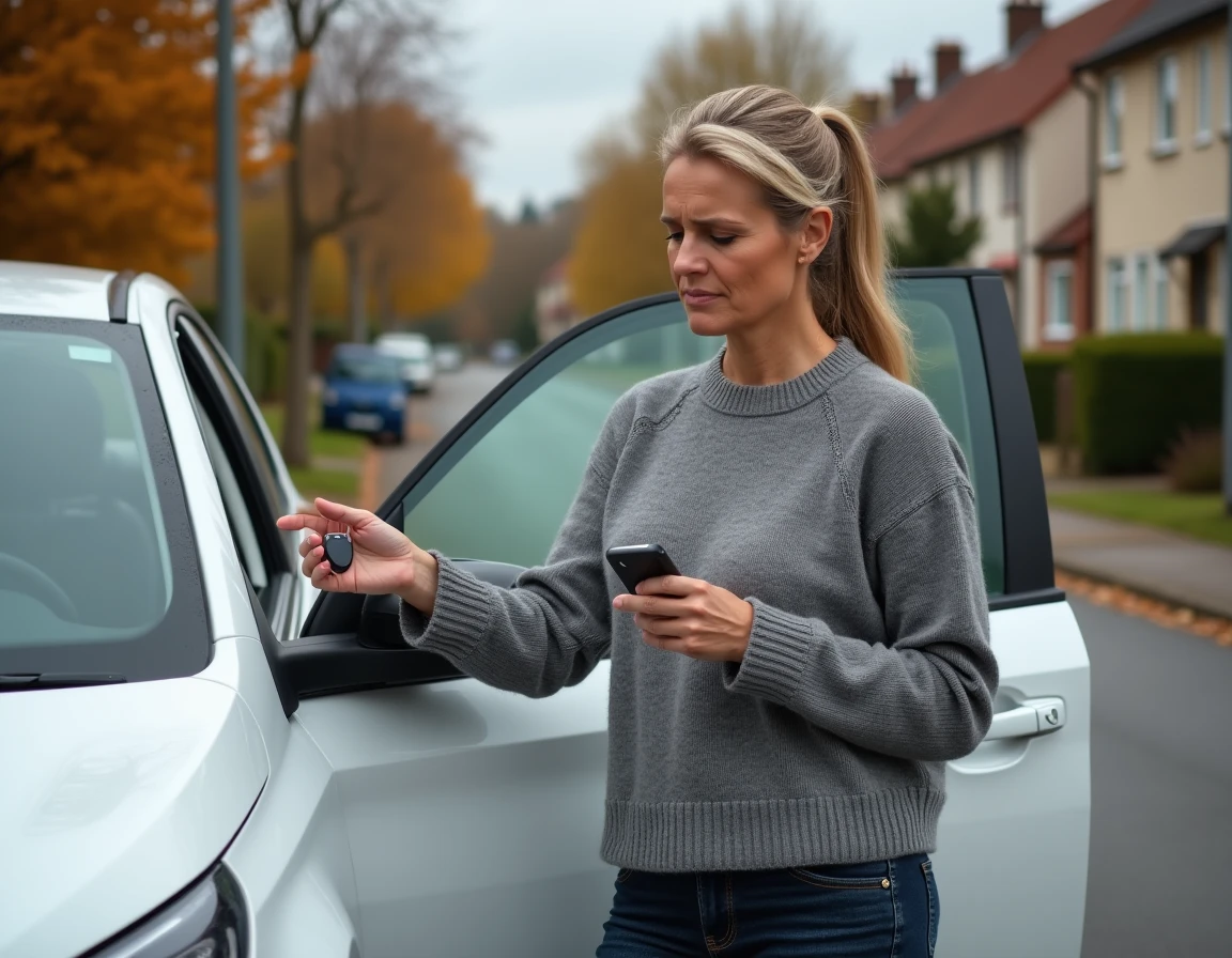 Femme utilisant la télécommande de fermeture centralisée devant sa Peugeot 308 qui ne répond plus