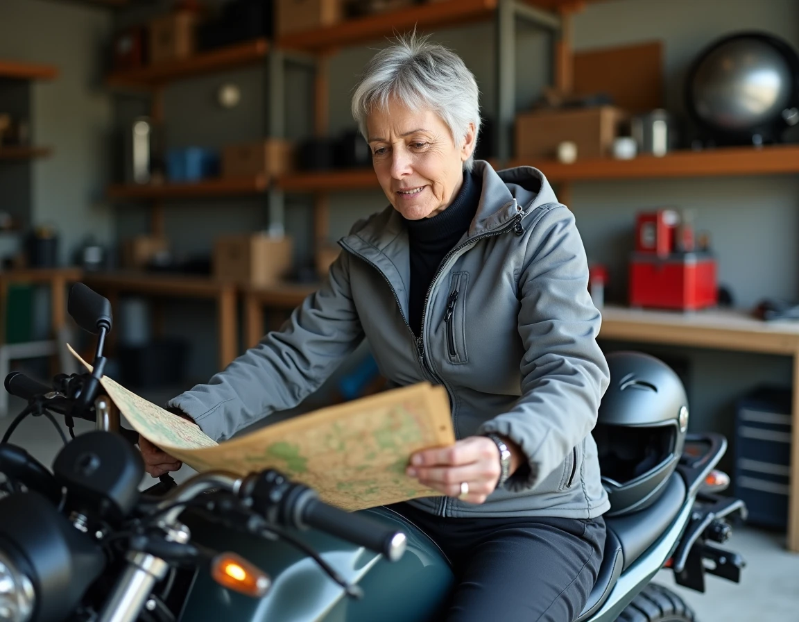 Femme retraitée de 60 ans assise sur une moto adventure dans un garage, consultant une carte routière pour préparer son voyage