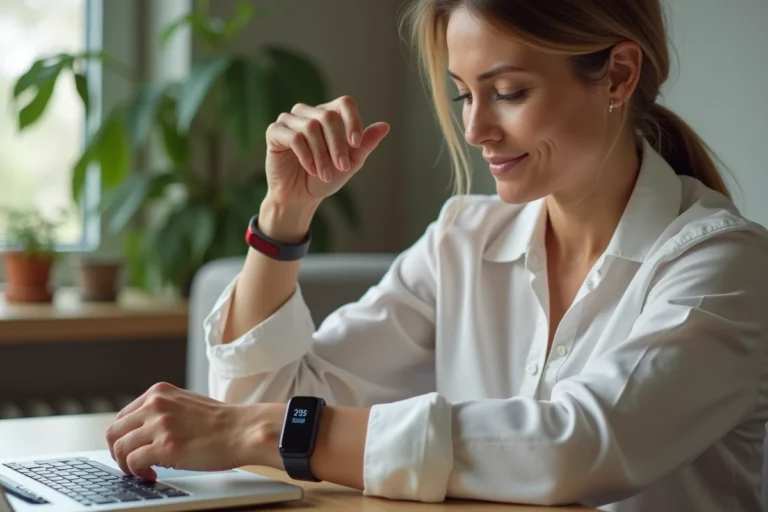 Femme d'âge moyen utilisant un tracker santé et une tablette