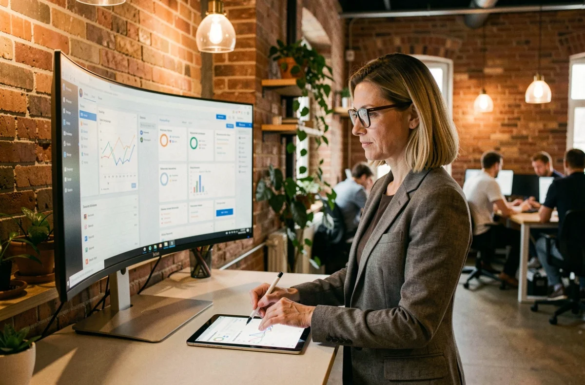 Professionnelle analysant un tableau de bord de gestion de projet collaboratif sur double écran dans un espace de coworking