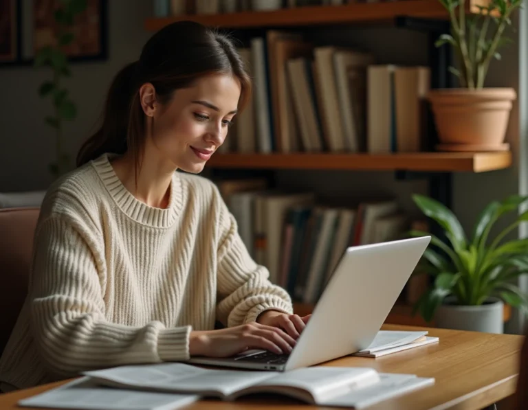 Femme parcourant un magazine numérique sur son ordinateur portable dans un bureau à domicile chaleureux