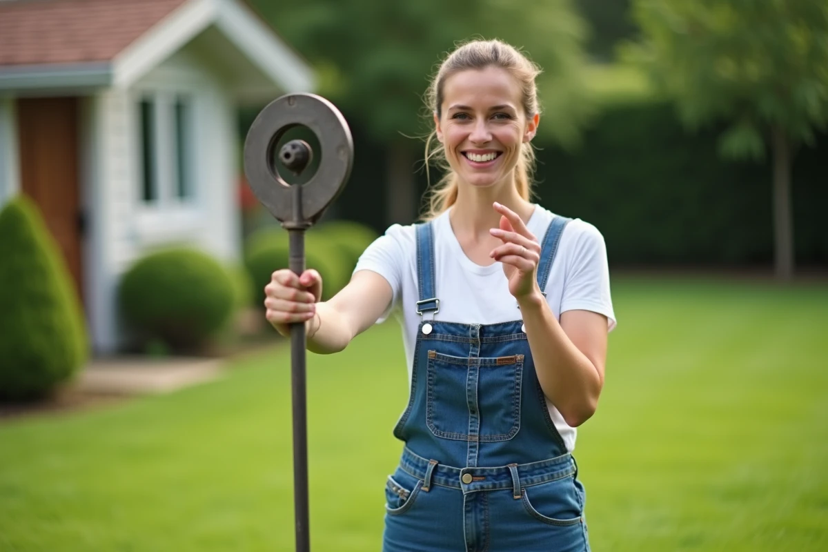 Femme souriante montrant la lame de la tondeuse propre