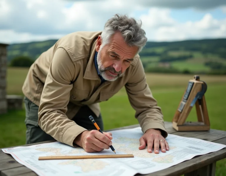 Géomètre consultant une carte topographique pour mesurer des parcelles agricoles en hectares et ares dans la campagne française