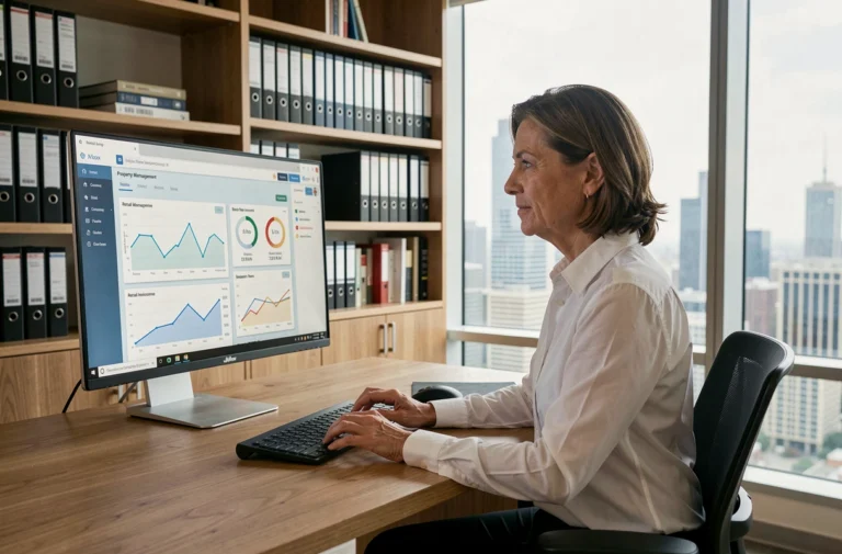 Femme gestionnaire immobilière analysant un tableau de bord de gestion locative sur ordinateur dans un bureau moderne