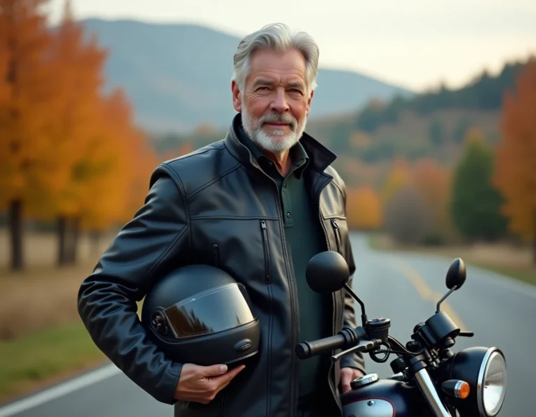 Homme de 60 ans en veste moto navy posant fièrement à côté d'une moto de tourisme sur une route de campagne en automne