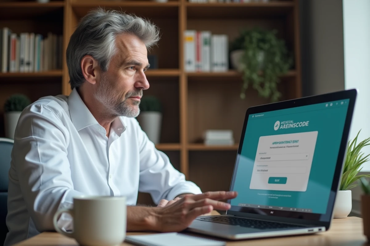 Homme activant une alerte de disponibilité sur Doctolib depuis un ordinateur portable dans un bureau à domicile