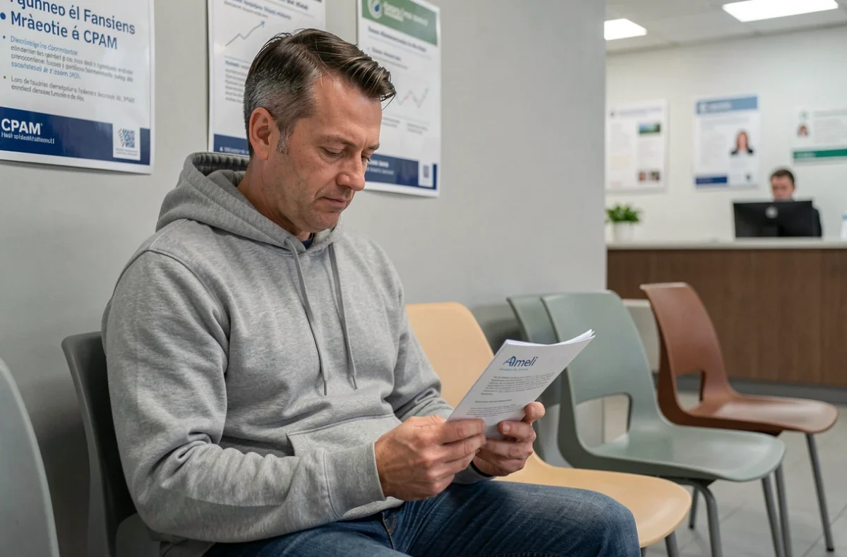 Homme attendant dans une agence CPAM avec des documents pour sa demande de CMU