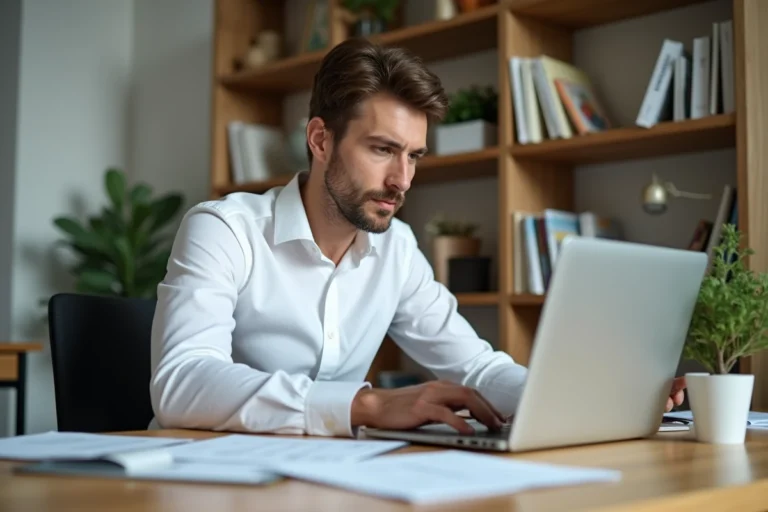 Homme en blanc calcule les rendements dans un bureau moderne