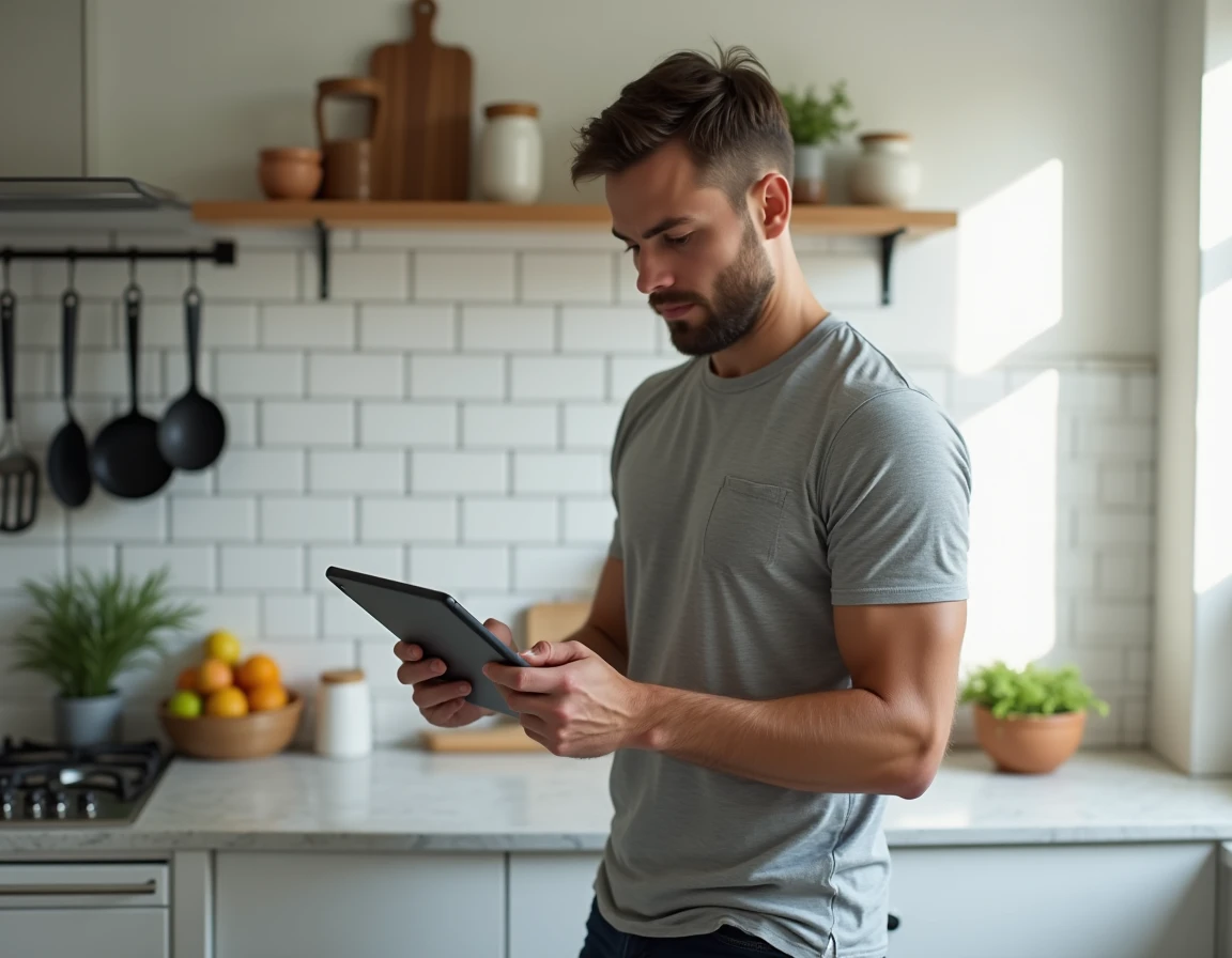 Homme consultant le plan du site Youpi La Maison sur une tablette dans une cuisine moderne