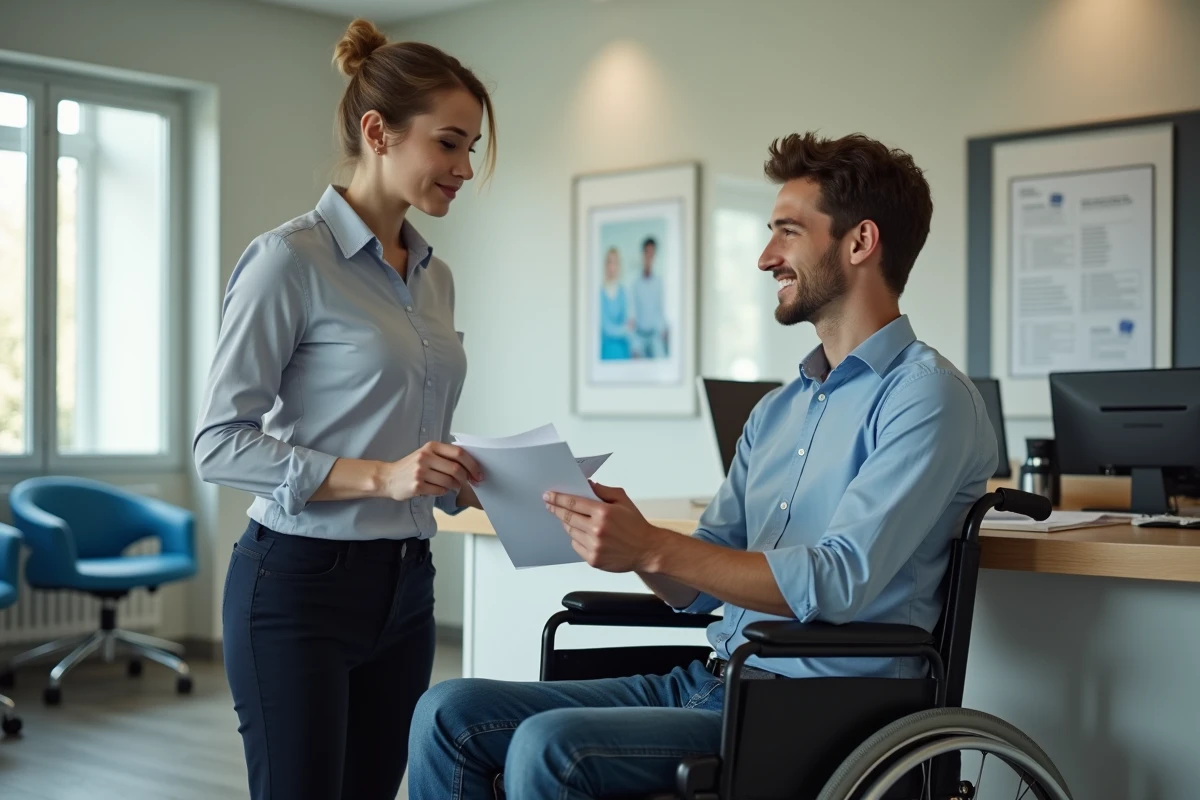 Jeune homme en fauteuil remettant des documents à un agent administratif
