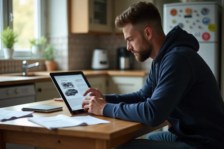 Homme lisant un manuel auto sur tablette dans la cuisine