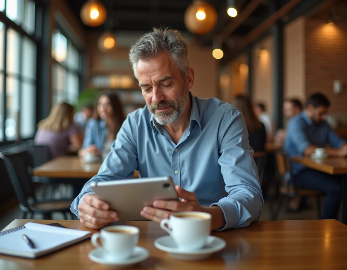 Homme téléchargeant un magazine en ligne sur une tablette dans un café urbain moderne