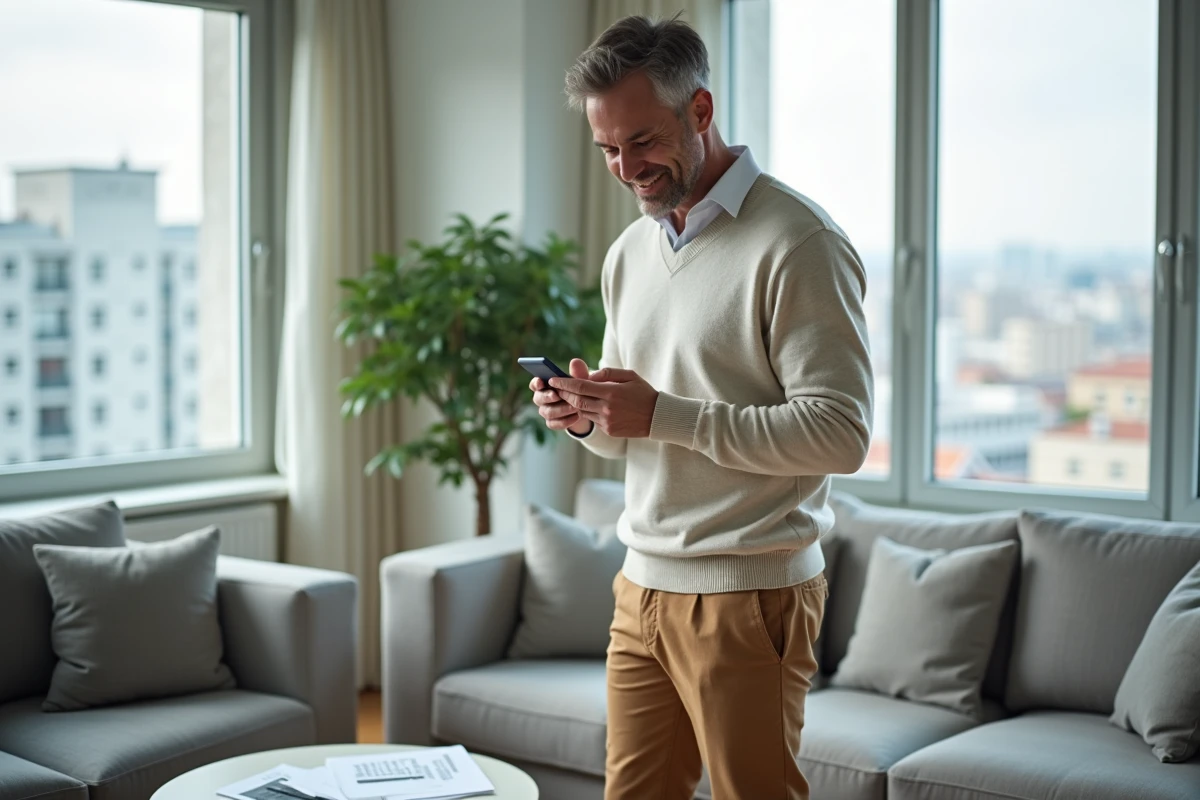 Homme dans le salon avec smartphone et vue sur la ville